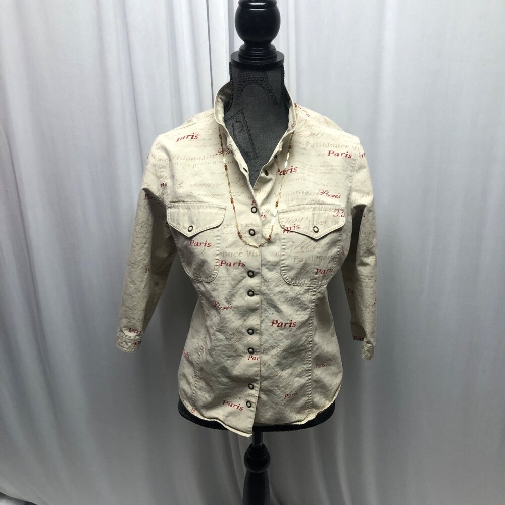 Ruby Rd Shirt Womens Size 10 Paris Script Beige Snap Closure Cotton Casual Top